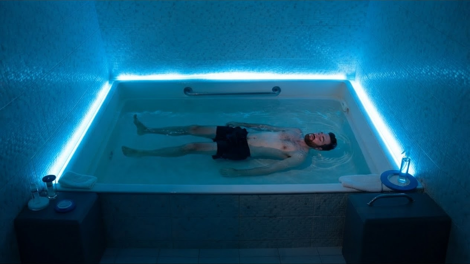 Persona flotando en un tanque iluminado en azul